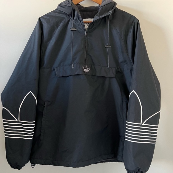 adidas Other - Adidas Fleece Lined Arm Trefoil Print Overhead Jacket In Black Size M